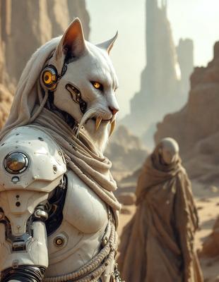 Primary subject: A white cat with glowing eyes and a mechanical body.

Setting/background: A desert landscape with rock formations and a mountain in the background.

Visual style: Digital art.

Colors and mood: The image has a futuristic and eerie atmosphere, with the white cat's glowing eyes and the mechanical body creating a sense of mystery and intrigue.